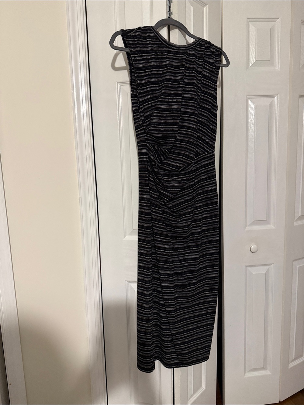 LOFT Black and Gray Striped Sleeveless Midi Dress
